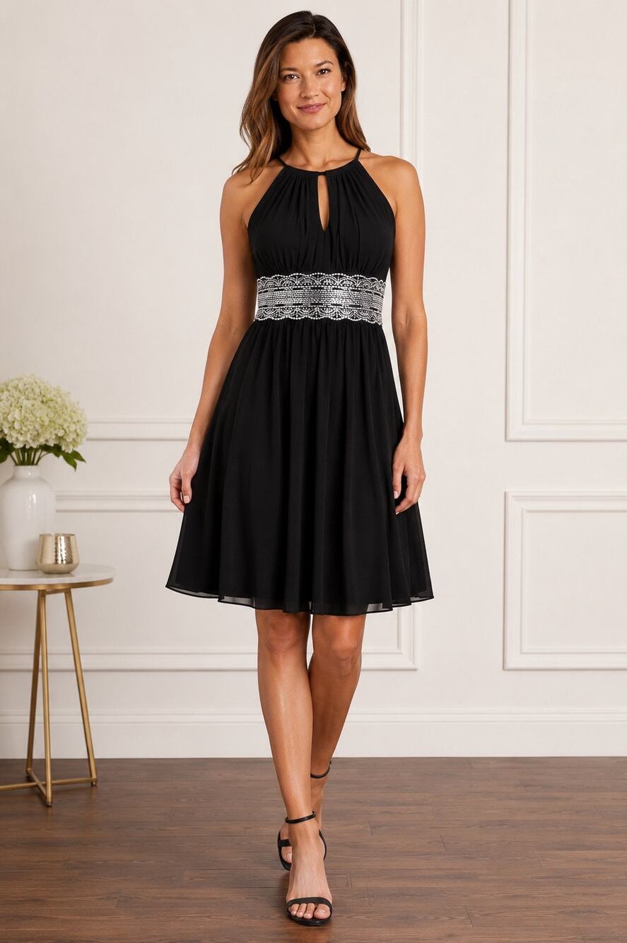 R&M Richards Black Halter Rhinestone Waist Dress Size 10